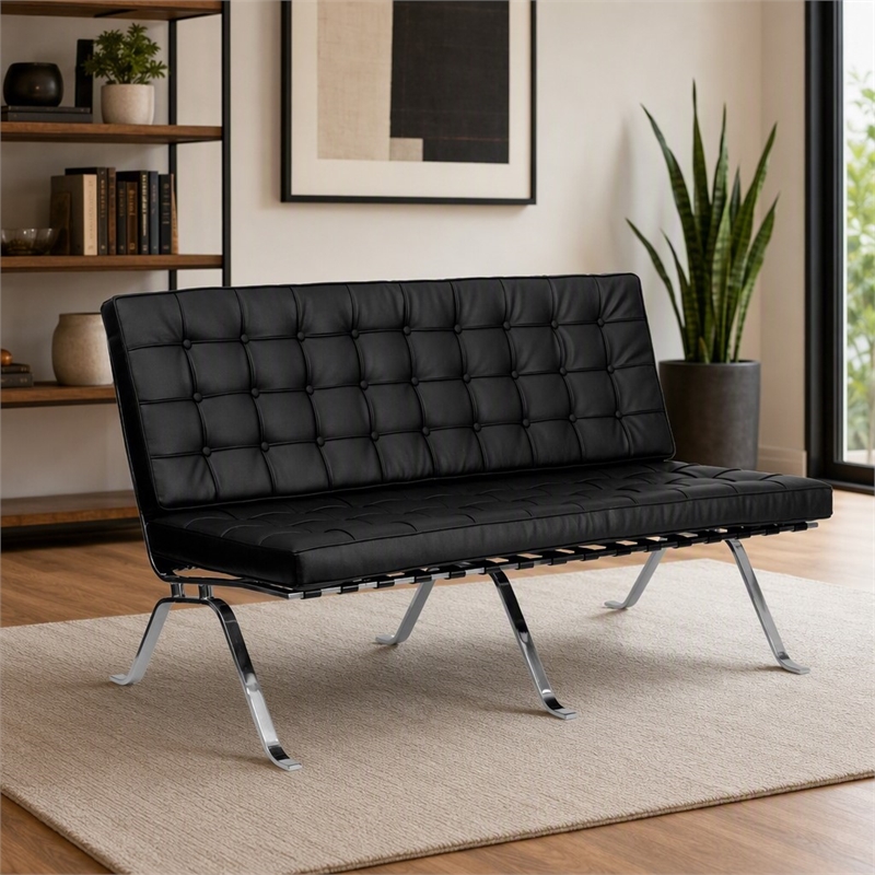 Scranton & Co Leather Tufted Loveseat in Black with Vintage Design