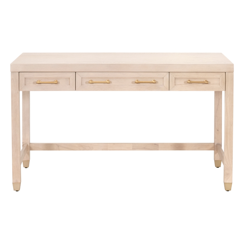 Scranton & Co Wood Desk in Light Honey Oak with 3 Drawers and Brass Accents