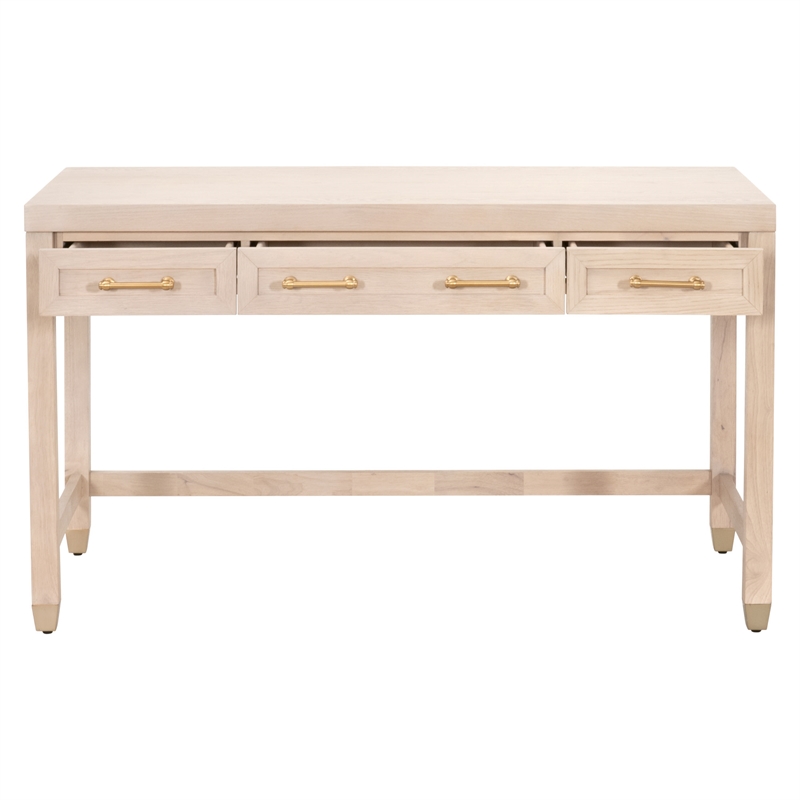 Scranton & Co Wood Desk in Light Honey Oak with 3 Drawers and Brass Accents