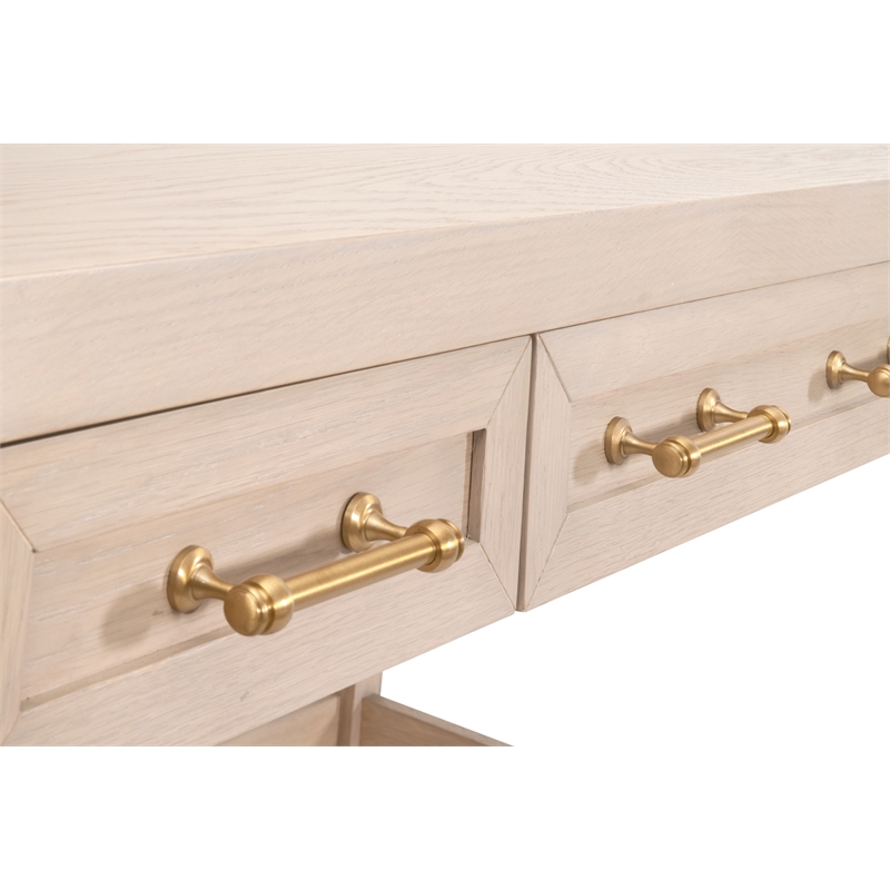 Scranton & Co Wood Desk in Light Honey Oak with 3 Drawers and Brass Accents