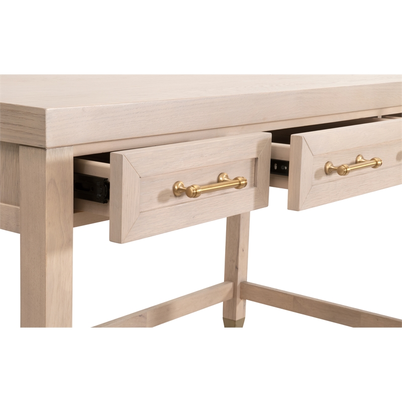 Scranton & Co Wood Desk in Light Honey Oak with 3 Drawers and Brass Accents