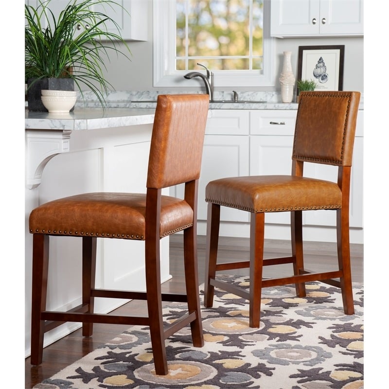 Hawthorne Collections Faux Leather Dark Caramel Counter Stool Rectangular 39.5