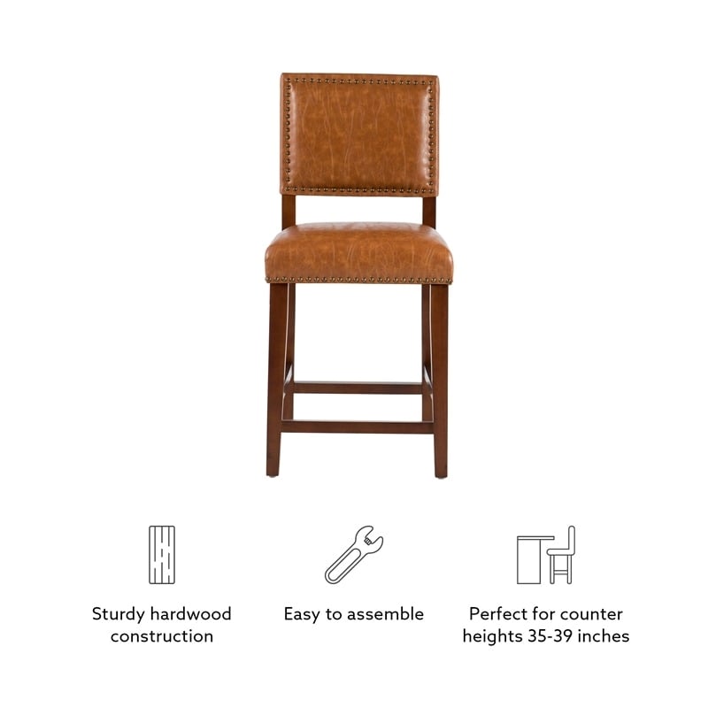 Hawthorne Collections Faux Leather Dark Caramel Counter Stool Rectangular 39.5