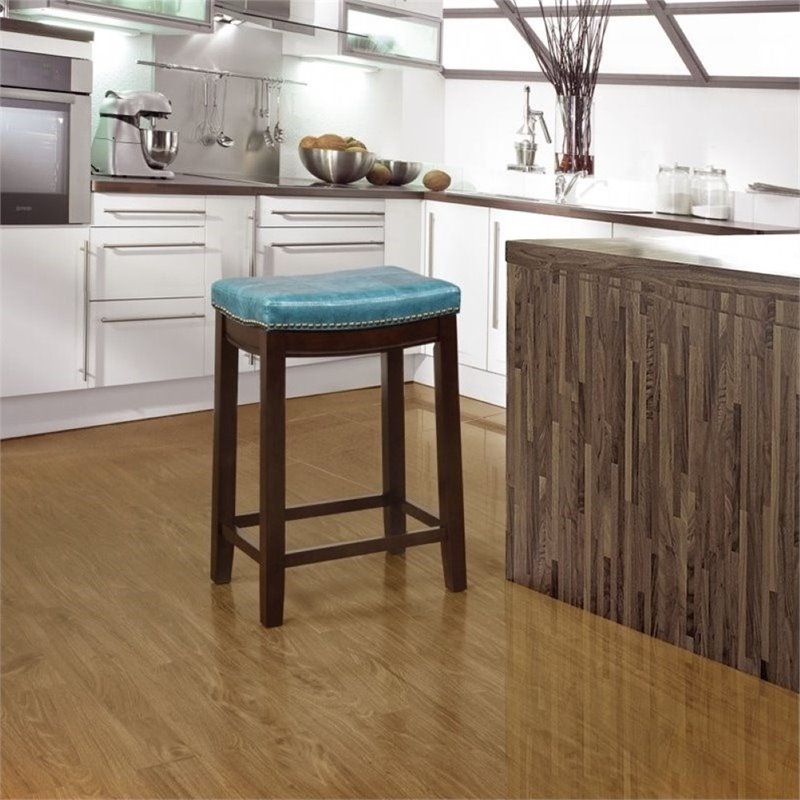 Hawthorne Collections Faux Leather Blue Counter Stool Rectangular Antiqued Brass Nail Heads 26