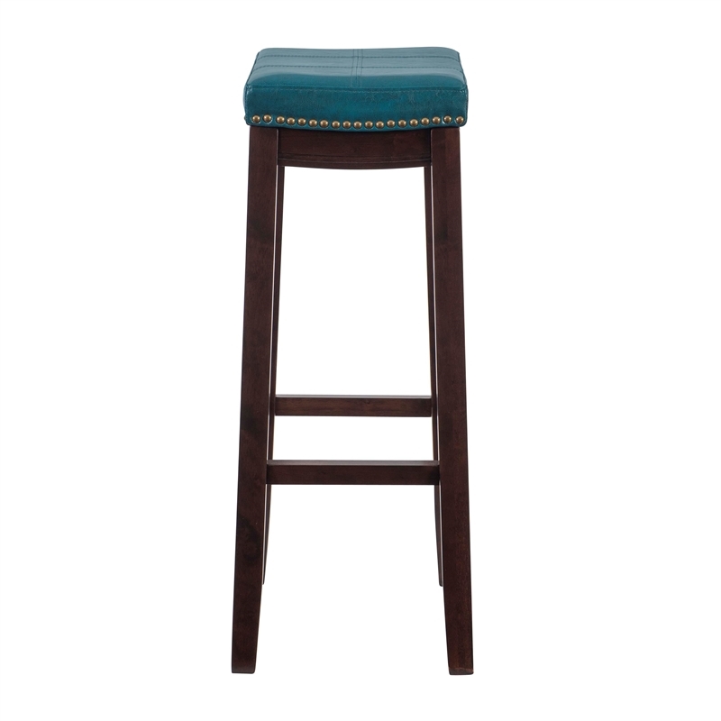 Hawthorne Collections Rubberwood Blue Bar Stool Rectangular Antiqued Brass 32.25