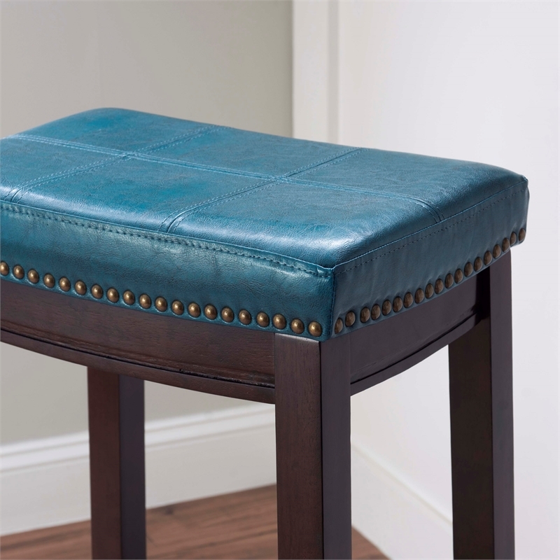 Hawthorne Collections Rubberwood Blue Bar Stool Rectangular Antiqued Brass 32.25