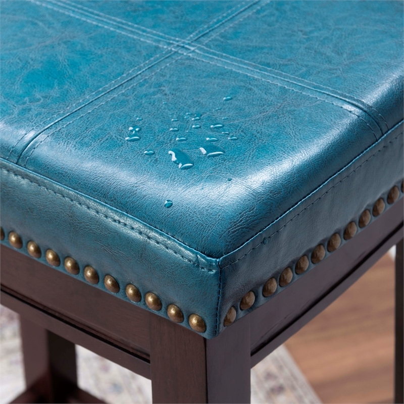 Hawthorne Collections Rubberwood Blue Bar Stool Rectangular Antiqued Brass 32.25