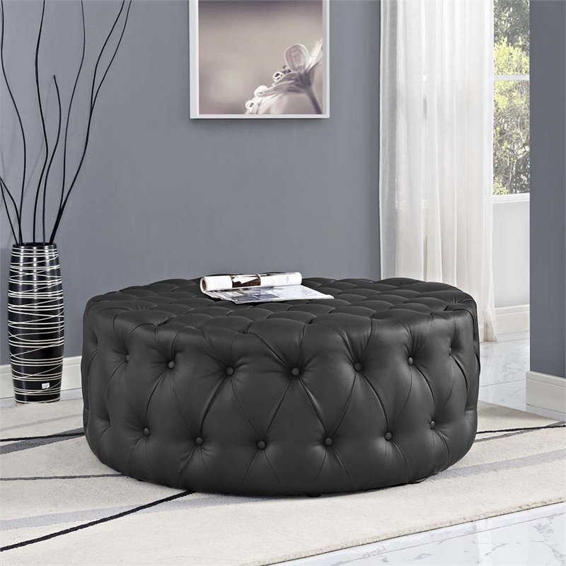 Hawthorne Collections Faux Leather Black Ottoman Round Tufted 40