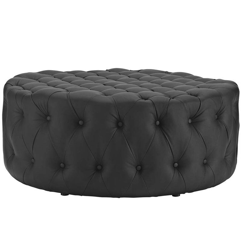 Hawthorne Collections Faux Leather Black Ottoman Round Tufted 40