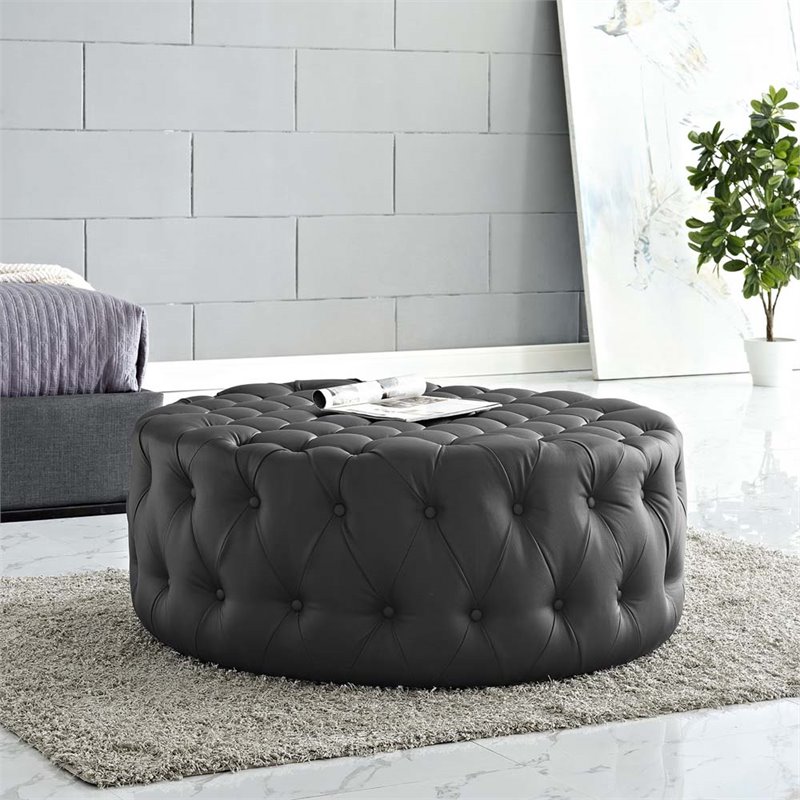 Hawthorne Collections Faux Leather Black Ottoman Round Tufted 40