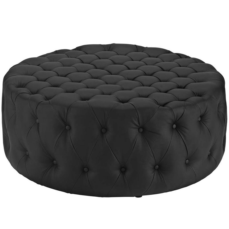 Hawthorne Collections Faux Leather Black Ottoman Round Tufted 40