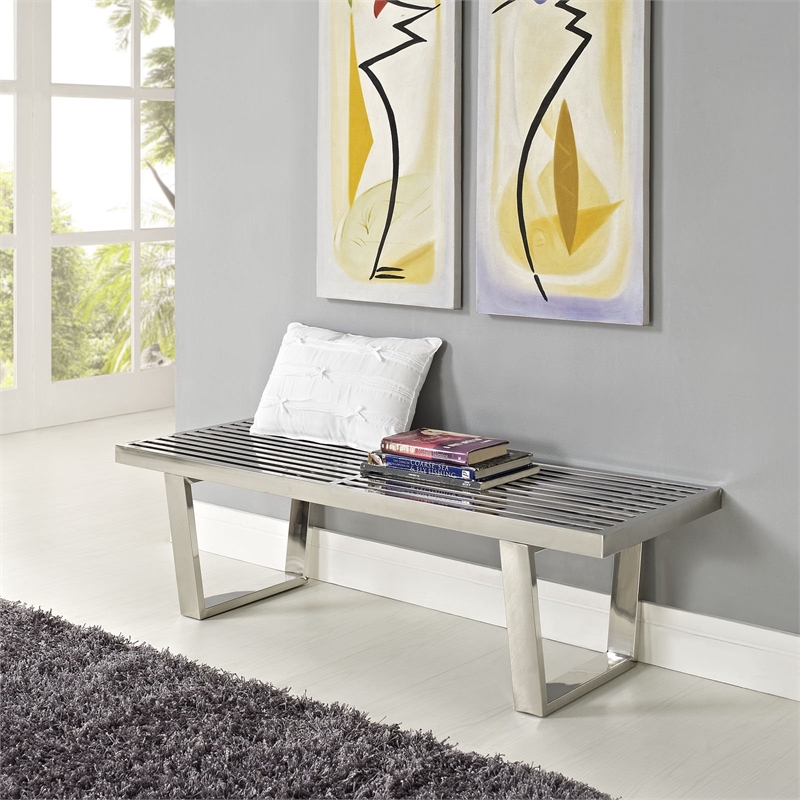 Hawthorne Collections Stainless Steel Silver Bench Rectangular Modern 14