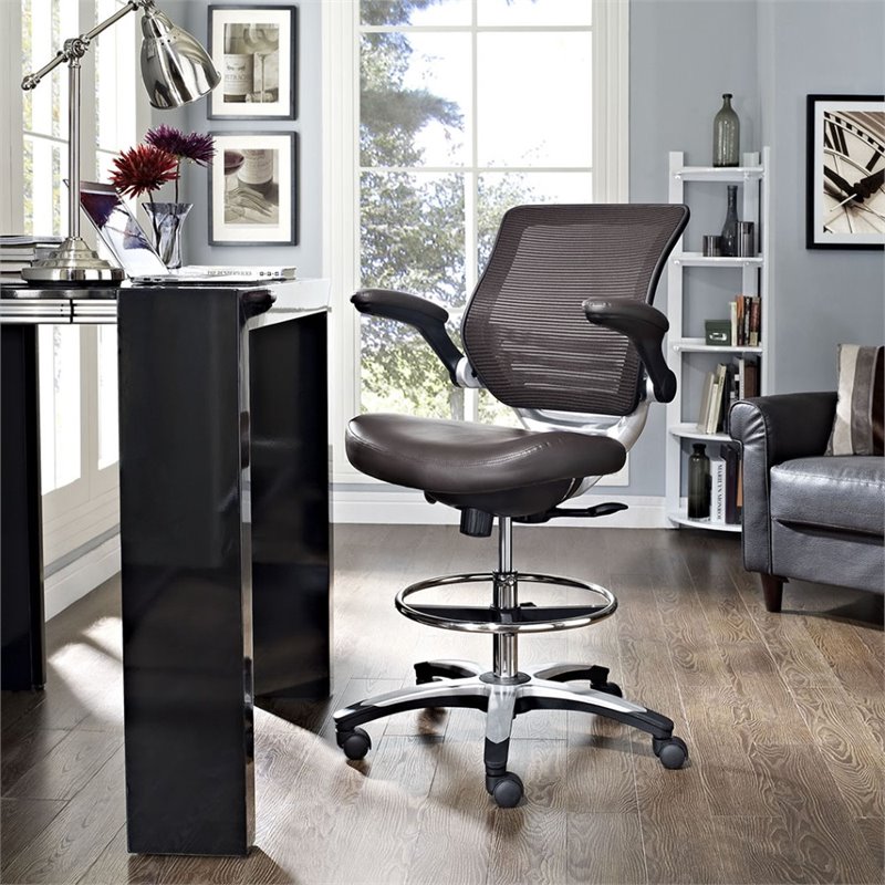 Hawthorne Collection Faux Leather Mesh Drafting Stool in Brown