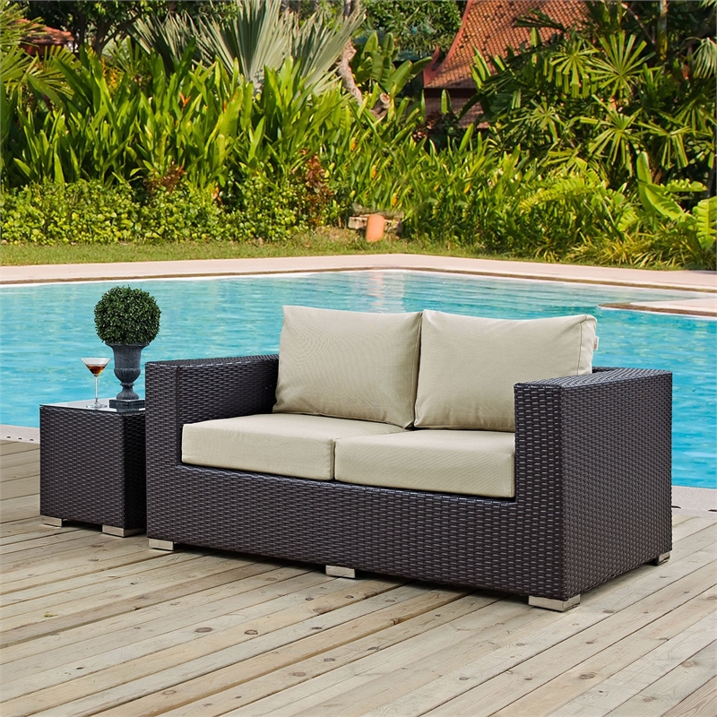 Hawthorne Collection Patio Loveseat in Espresso and Beige