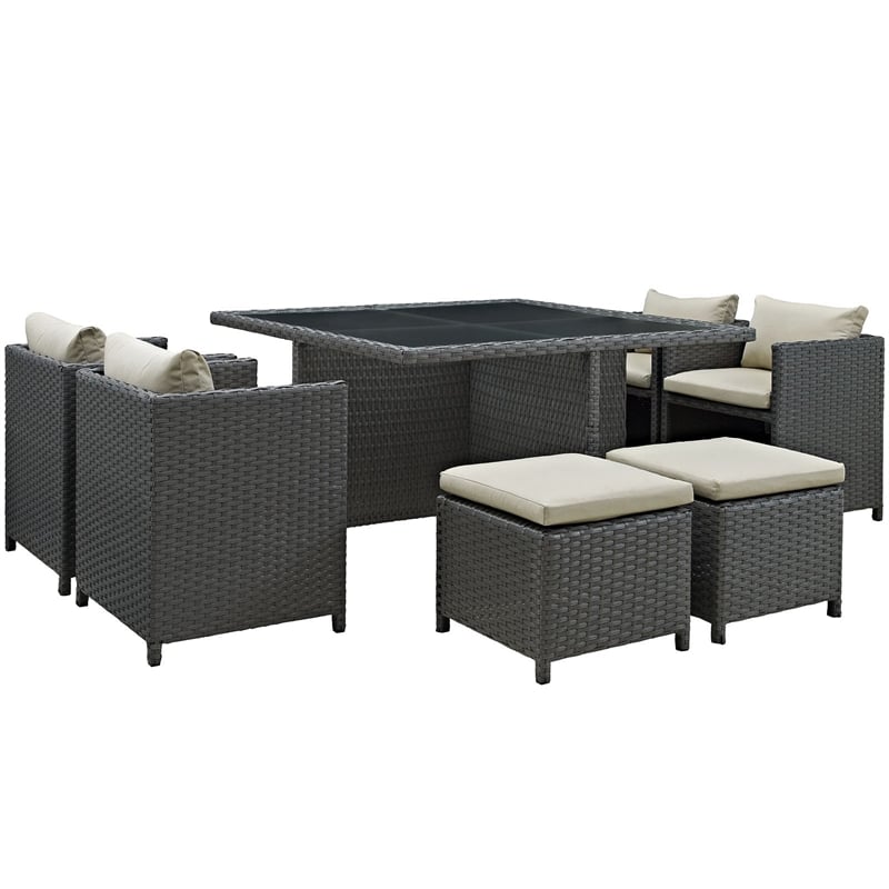 Hawthorne Collection 9 Piece Glass Top Patio Dining Set in Beige