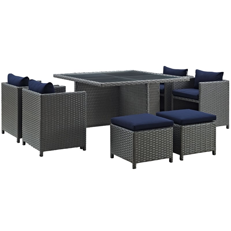 Hawthorne Collection 9 Piece Glass Top Patio Dining Set in Canvas Navy