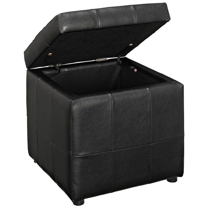 Hawthorne Collection Faux Leather Black Storage Ottoman Square 15.5