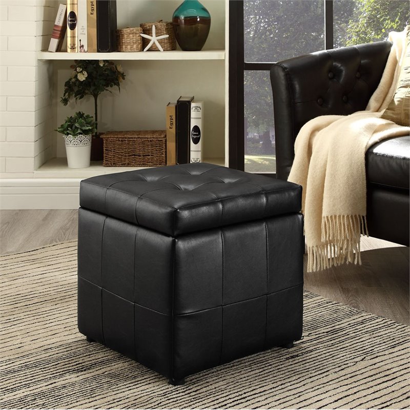 Hawthorne Collection Faux Leather Black Storage Ottoman Square 15.5