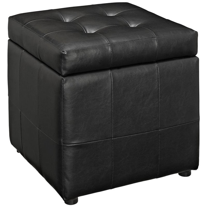 Hawthorne Collection Faux Leather Black Storage Ottoman Square 15.5