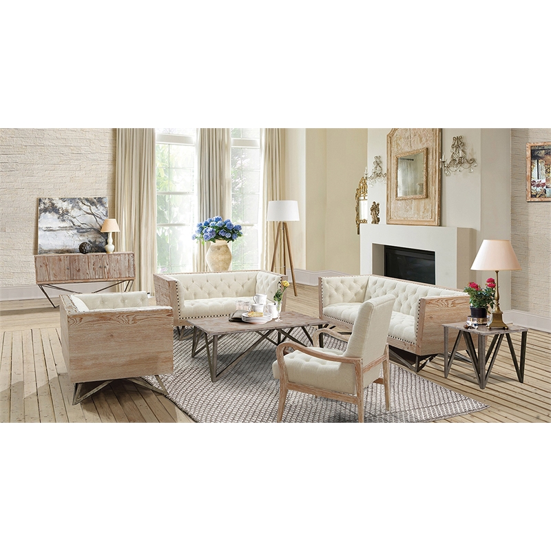 Hawthorne Collections Modern Leather Upholstered Tufted Sofa in Cream