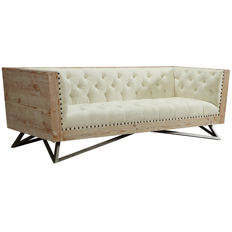 Hawthorne Collections Modern Leather Upholstered Tufted Sofa in Cream