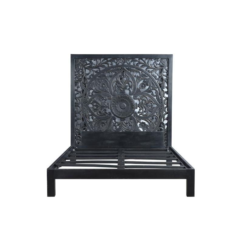 Hawthorne Collections Traditional Hand Carved Floral Wood Queen Bed in Black