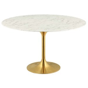 Hawthorne Collections 54&quot&quot Round Faux Marble Top Pedestal Dining Table in Gold