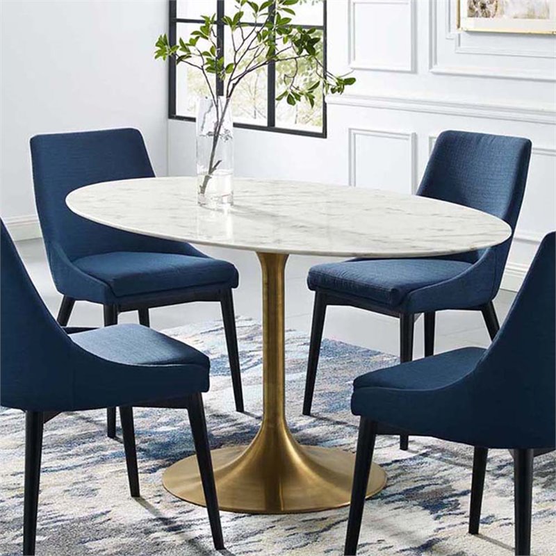 Hawthorne Collections Artificial Marble Gold Dining Table Oval Scratch-Resistant 60