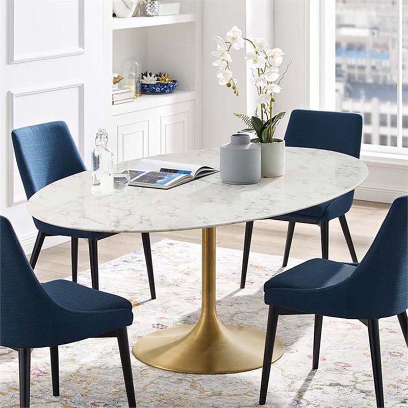 Hawthorne Collections Faux Marble Gold Dining Table Oval Scratch-Resistant 78.5