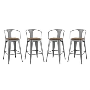 Hawthorne Collections 30&quot Metal Wooden Seat Bar Stool in Gunmetal (Set of 4)