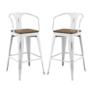 Hawthorne Collections 30&quot Metal Wooden Seat Bar Stool in White (Set of 2)