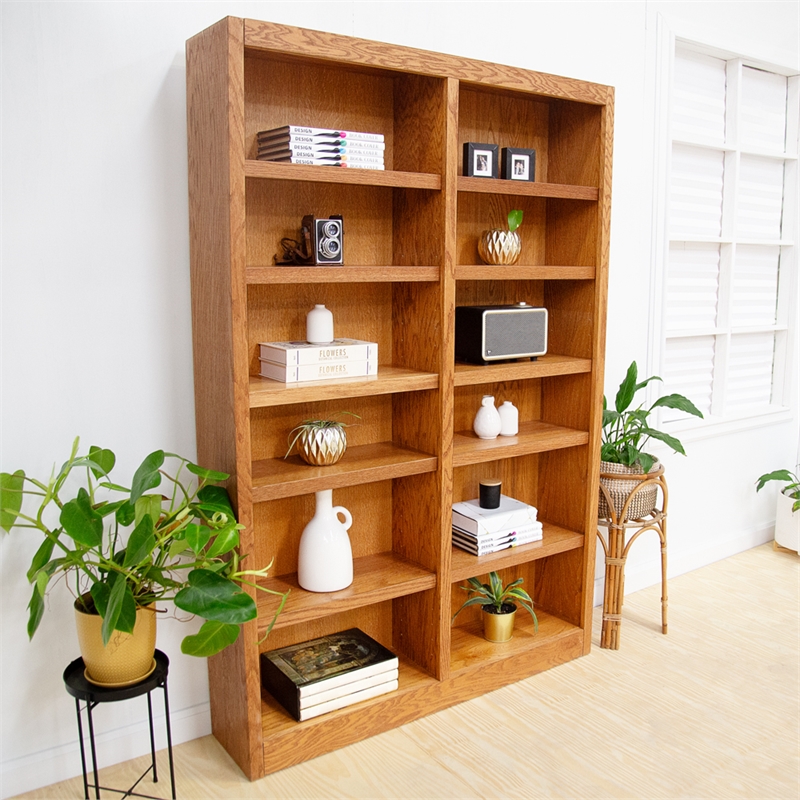 Hawthorne Collections 2 Piece Tall 12-shelf Double Wide Wood Bookcase Set in Oak