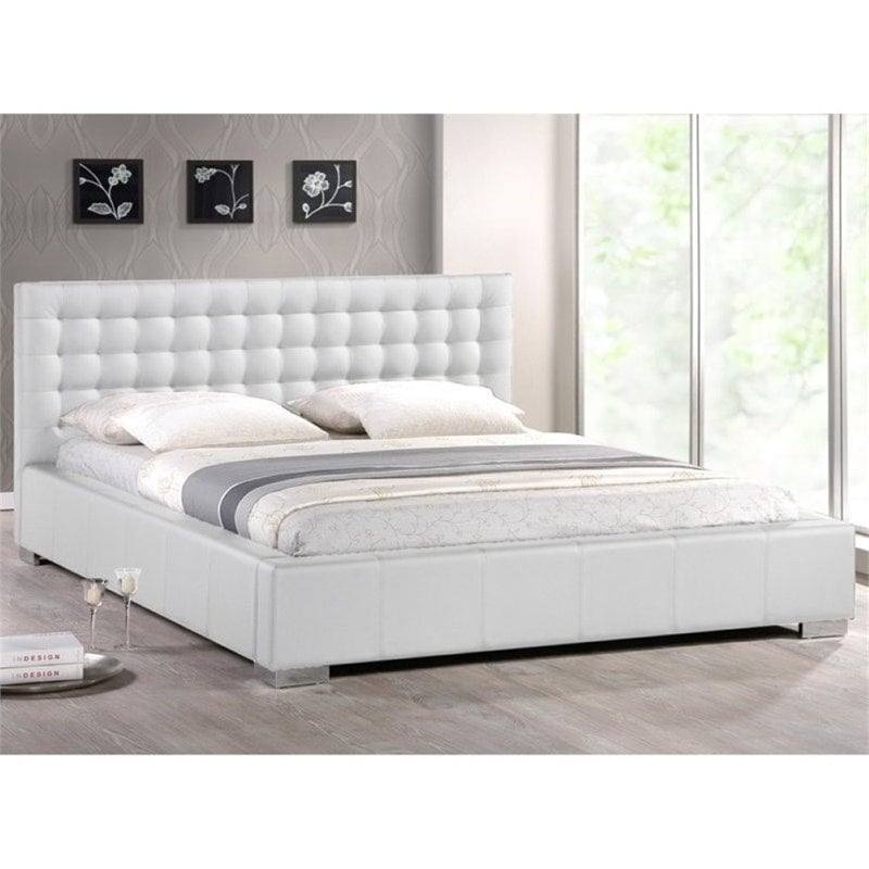 Atlin Designs Faux Leather White Platform Bed Rectangular Tufted Queen Size 70