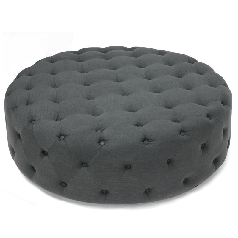 Atlin Designs Linen Beige Ottoman Round Button Tufting 42