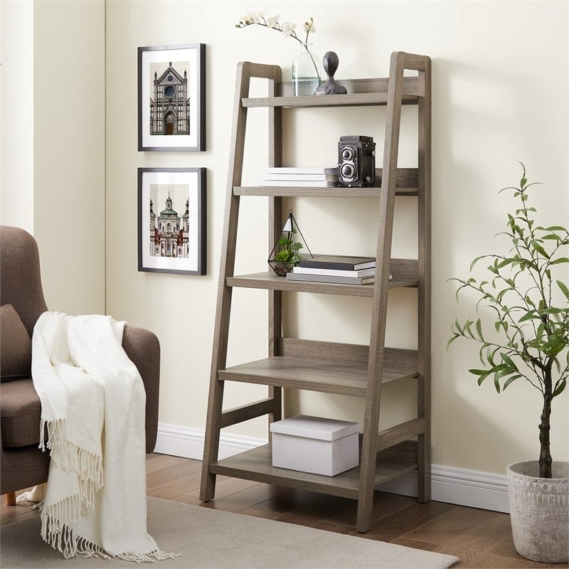 Atlin Designs MDF Gray Wash Ladder Bookshelf Rectangular 25.75