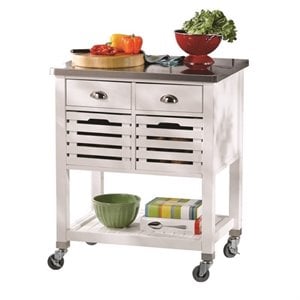 Atlin Designs Pine Wood White Kitchen Cart Rectangular Stainless Steel Top 36&quot x 30&quot x 22&quot Unassembled