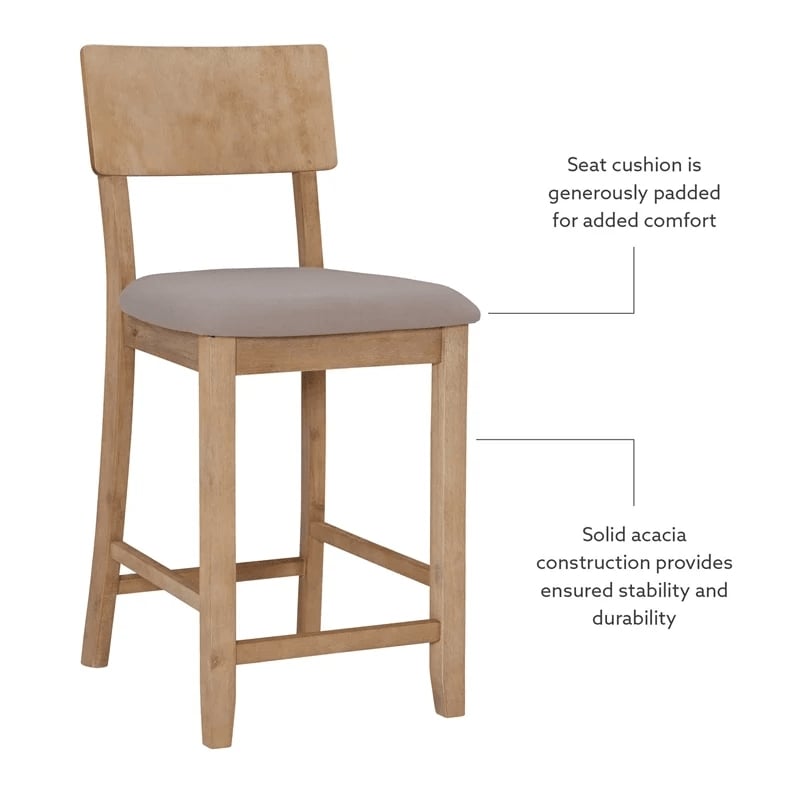 Atlin Designs Acacia Wood Gray Counter Stool Rectangular Upholstered 25.2