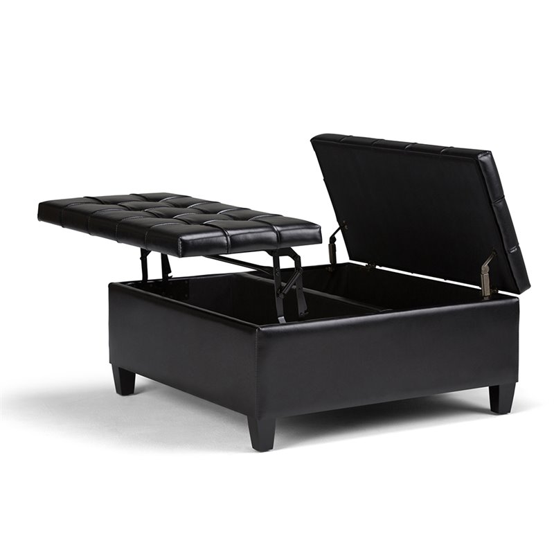 Atlin Designs Faux Leather Midnight Black Coffee Table Ottoman Rectangular Tufted 36