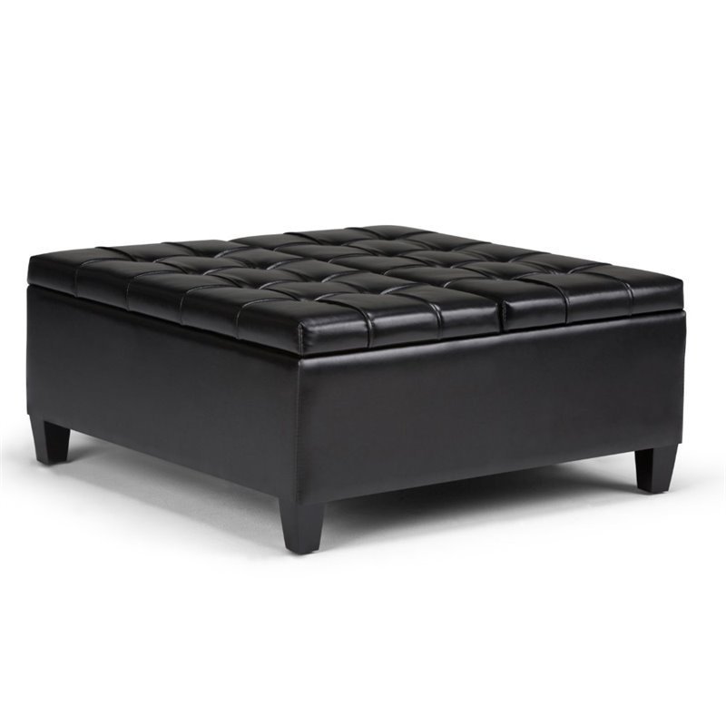 Atlin Designs Faux Leather Midnight Black Coffee Table Ottoman Rectangular Tufted 36