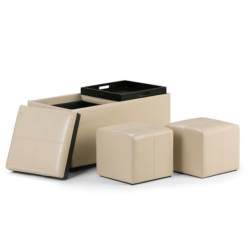 Atlin Designs 5-Piece Modern Faux Leather Storage Ottoman in Cream