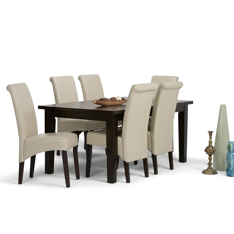 Atlin Designs 7 Piece Transitional Wood/Faux Leather Dining Set in Cream/Brown