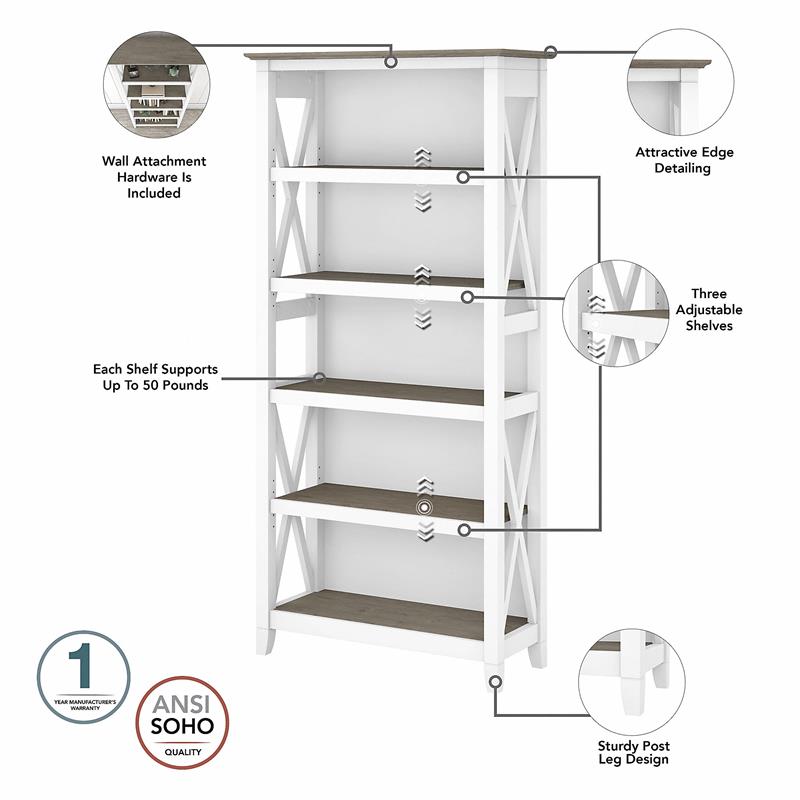 Atlin Designs 5 Shelf Modern Wood Bookcase Set in Shiplap Gray/White