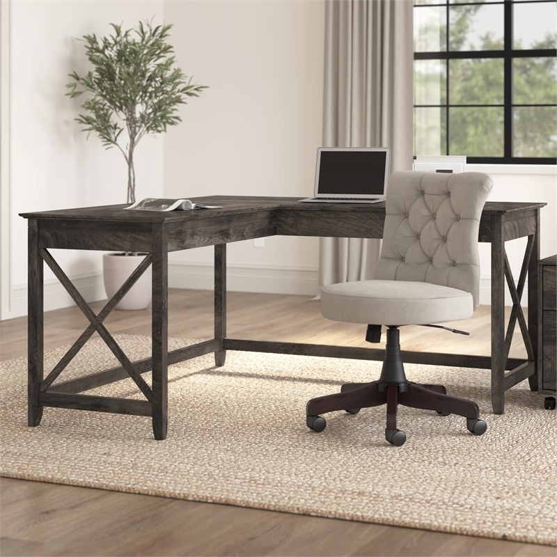 Atlin Designs L Shaped Farmhouse Wood Desk in Dark Gray Hickory