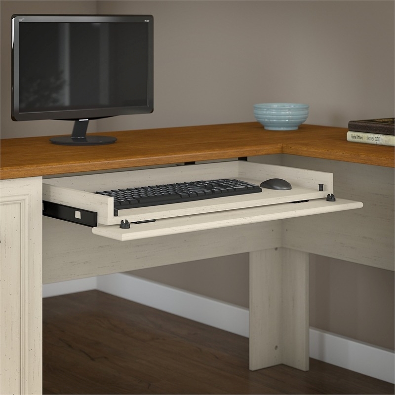 Atlin Designs Farmhouse Wood L Shaped Desk with Hutch in Antique White/Maple