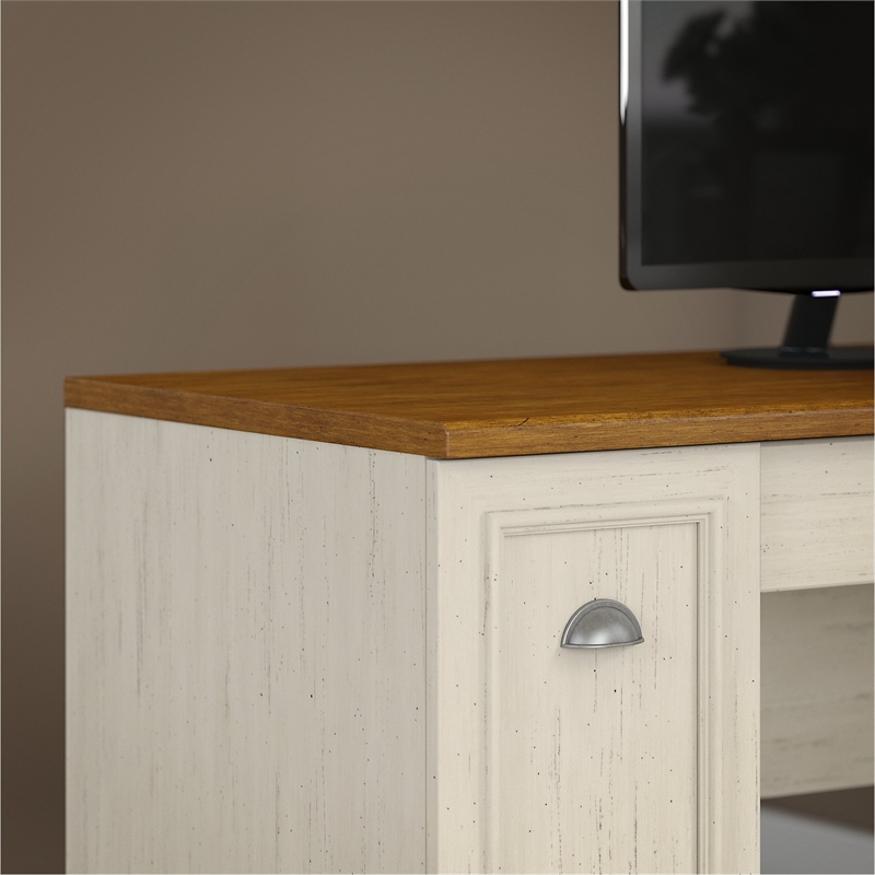 Atlin Designs Farmhouse Wood L Shaped Desk with Hutch in Antique White/Maple