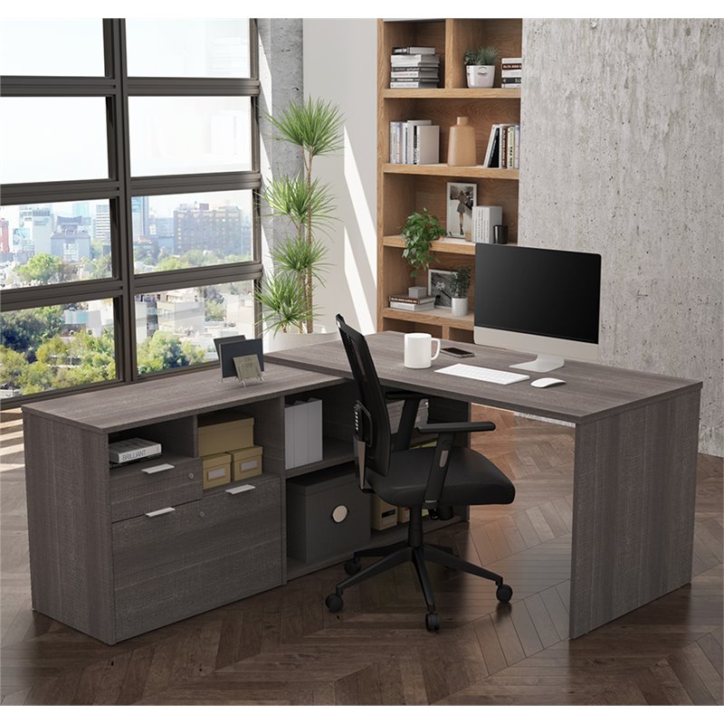 Atlin Designs Melamine Bark Gray Computer Desk L Shape Fully Reversible 71.1