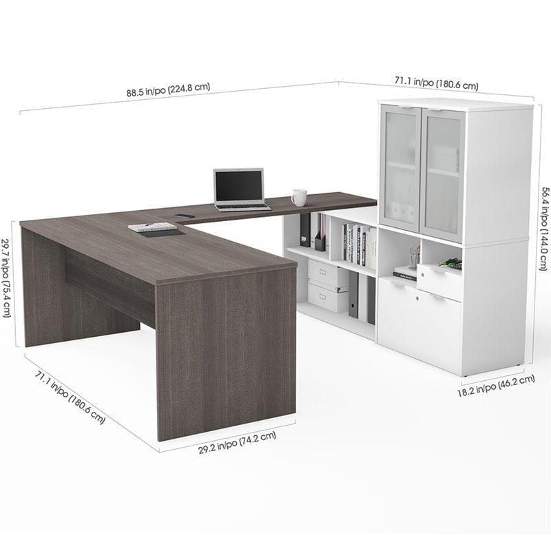 Atlin Designs Contemporary Wood U Shape Computer Desk with Hutch in Gray/White