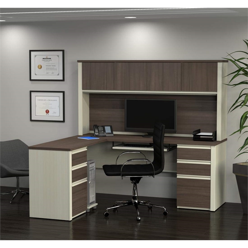 Atlin Designs L-Desk with Hutch in White Chocolate and Antigua