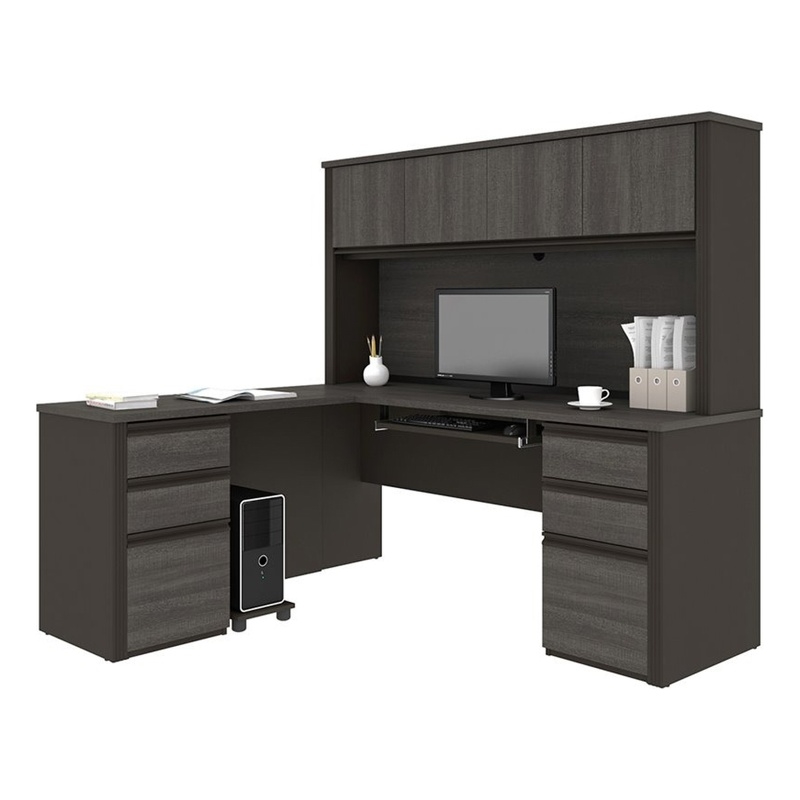 Atlin Designs Particle Board Bark Gray L Shaped Computer Desk with Hutch 71.1