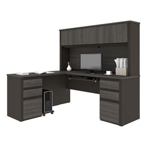 Atlin Designs Particle Board Bark Gray L Shaped Computer Desk with Hutch 71.1&quotW Unassembled